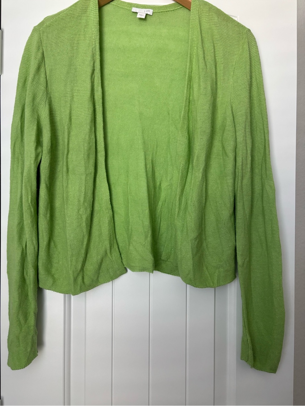 J Jill Women’s Open Front Cardigan Lime Green Knit Linen Blend‎ S